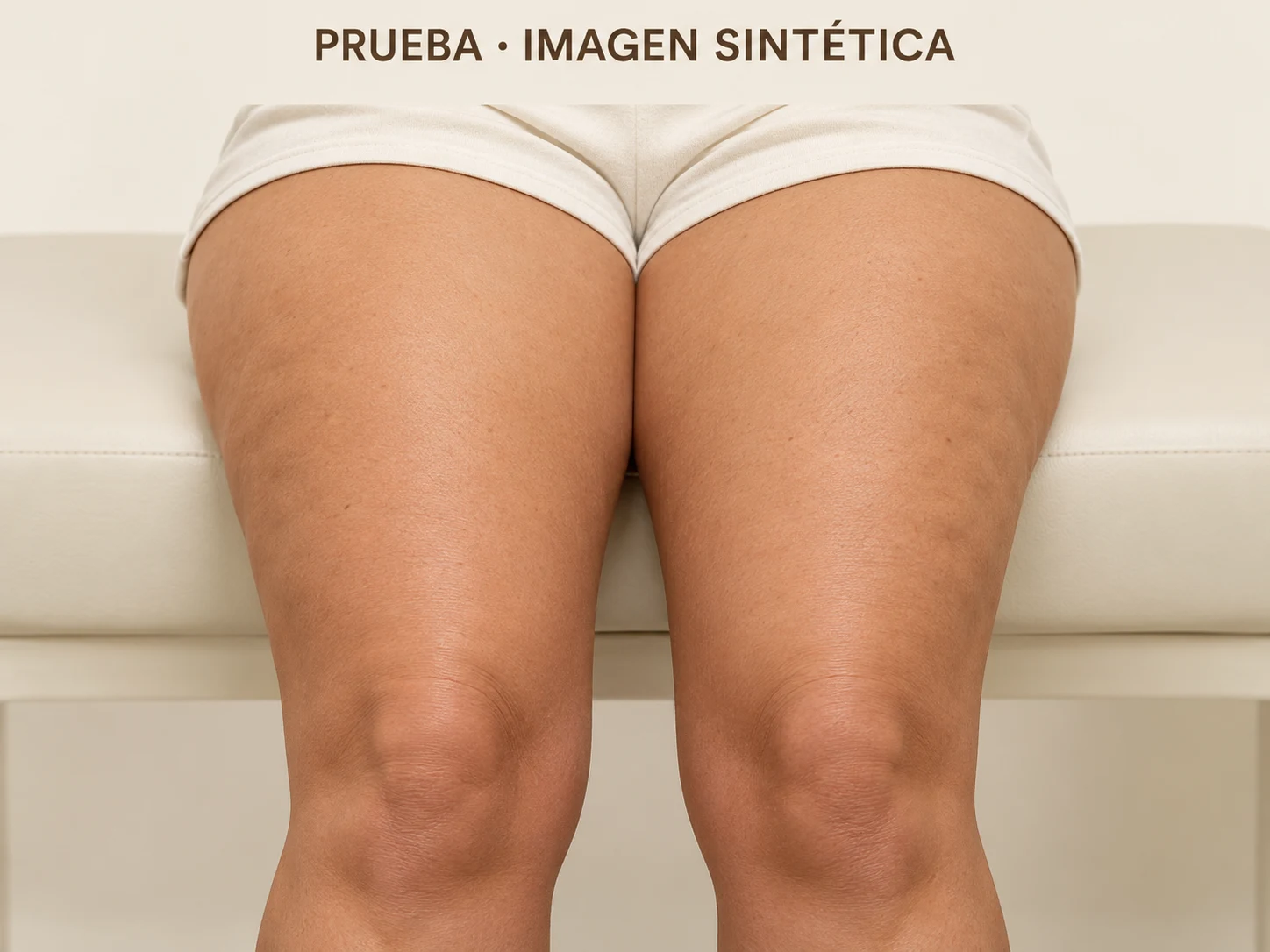Prueba sintética de muslos con textura irregular de celulitis; no corresponde a una paciente.