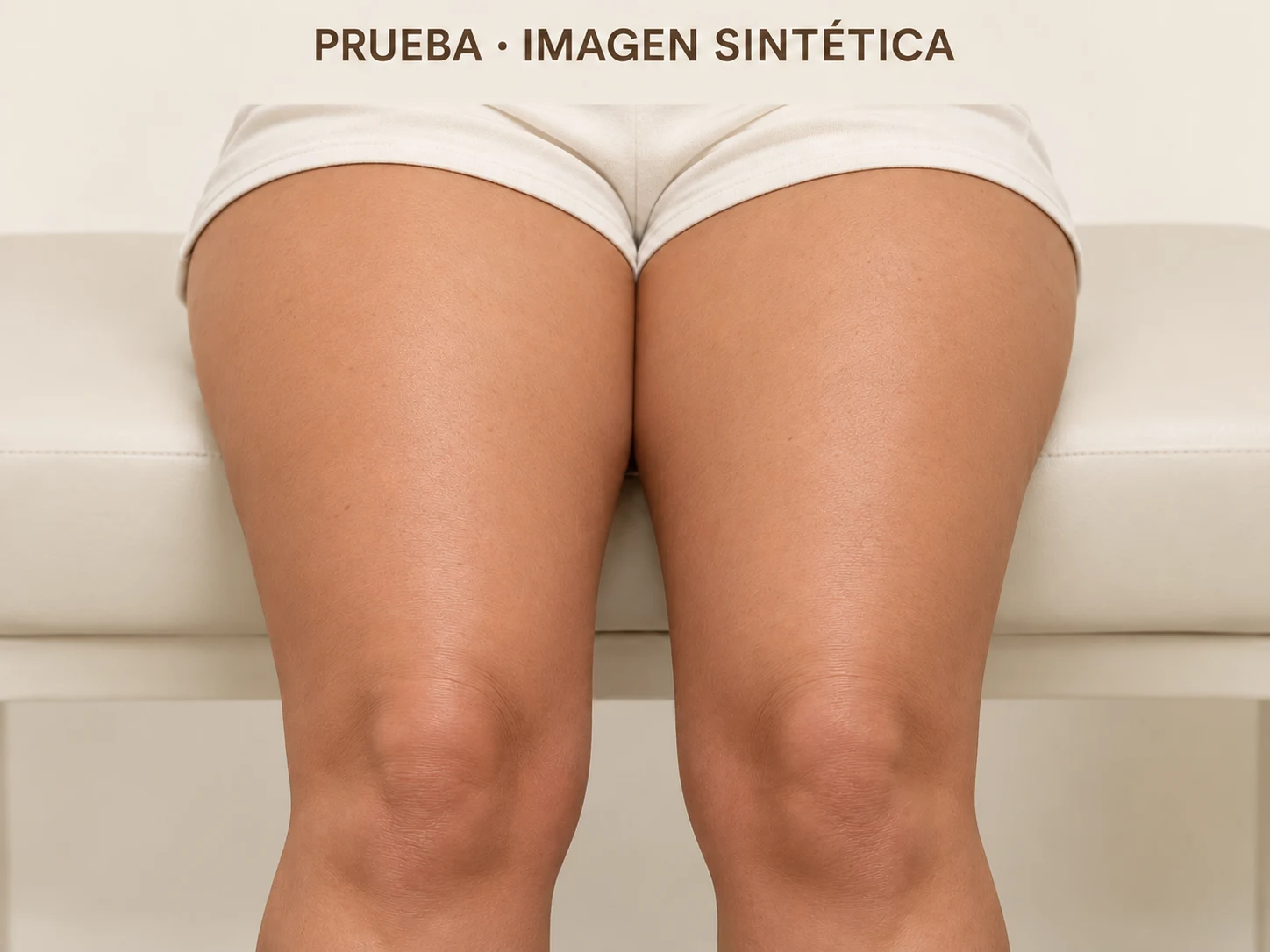 La misma prueba sintética con textura de celulitis suavizada para demostrar la comparación; no es un resultado clínico.